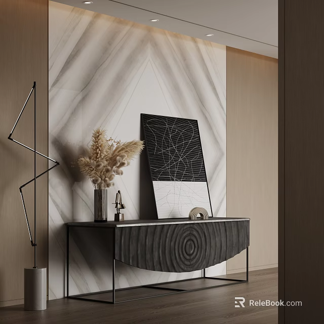 Modern Entryway Cabinet Sideboard With Wooden Texture Vase Dried Flowers And Marble Wall Artwork 3d model 