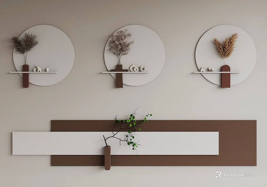 Modern Wall Decor With Circular Panels Dried Plants Small Shelves And Long Rectangular Design 3d model