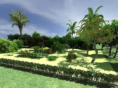 Lush Shrubs In Outdoor Garden With Palm Trees Flowering Trees Green Grass And Blue Sky 3d model