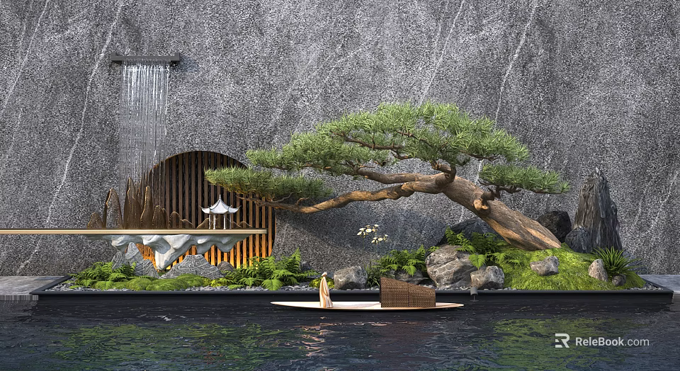 Elegant Modern Garden Feature With Waterfall Gray Stone Wall And Leaning Pine Tree 3d model