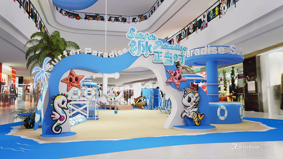 Surf Paradise Interactive Play Area With Starfish Seahorse Cartoon Characters And Blue Decorations In Mall 3d model 