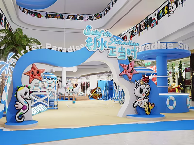 Surf Paradise Interactive Play Area With Starfish Seahorse Cartoon Characters And Blue Decorations In Mall 3d model