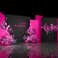 Wedding Venue Decor With Pink Black Backdrops Floral Arrangements And Butterflies