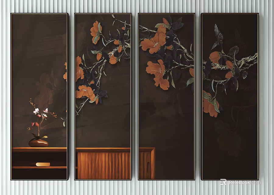 Four Panel Botanical Paintings With Dark Background Orange Flowers And Leaves On Wooden Shelf 3d model 