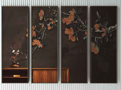 Four Panel Botanical Paintings With Dark Background Orange Flowers And Leaves On Wooden Shelf 3d model