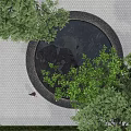 Tranquil Garden Landscape Featuring Circular Water Feature Surrounding Trees And Lush Greenery 3d model