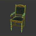 Traditional Carved Wooden Armchair With Black Leather Seat And Armrests And Crown Decoration