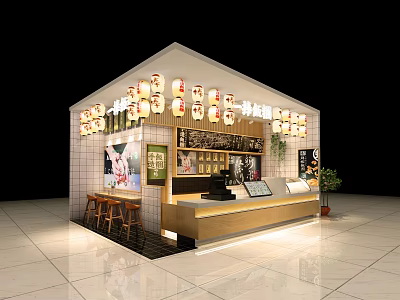 Traditional Mall Shop With Hanging Lanterns Wooden Counter Menu Boards And Seating 3d model