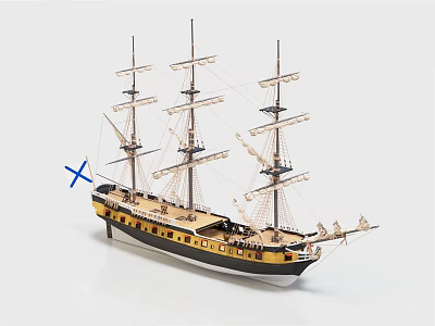 Intricate Wooden Ship Model With Black Yellow Hull Masts Rigging And Wooden Deck 3d model