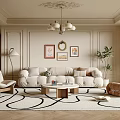 Elegant Living Room With Cream Sofa Armchairs Wooden Coffee Table Decorative Chandelier And Geometric Rug