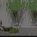 Serene Garden Decor Featuring Green Vines Covered Wall Stone Lantern Small Shrubs And Pebble Ground