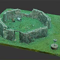 Circular Stone Wall Building Model With Grass Inside Door And Stone Well