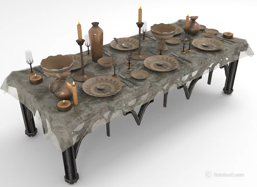 Vintage Dining Table Setup With Textured Tablecloth Brass Vessels Candle Holders And Ceramic Plates 3d model 