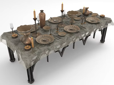 Vintage Dining Table Setup With Textured Tablecloth Brass Vessels Candle Holders And Ceramic Plates 3d model