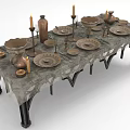 Vintage Dining Table Setup With Textured Tablecloth Brass Vessels Candle Holders And Ceramic Plates