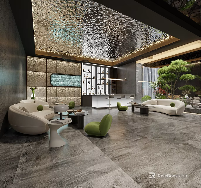 Modern Clubhouse Lobby Interior With White Sofas Green Chairs Pine Tree And Water Ripple Ceiling 3d model 