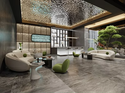 Modern Clubhouse Lobby Interior With White Sofas Green Chairs Pine Tree And Water Ripple Ceiling 3d model
