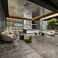 Modern Clubhouse Lobby Interior With White Sofas Green Chairs Pine Tree And Water Ripple Ceiling