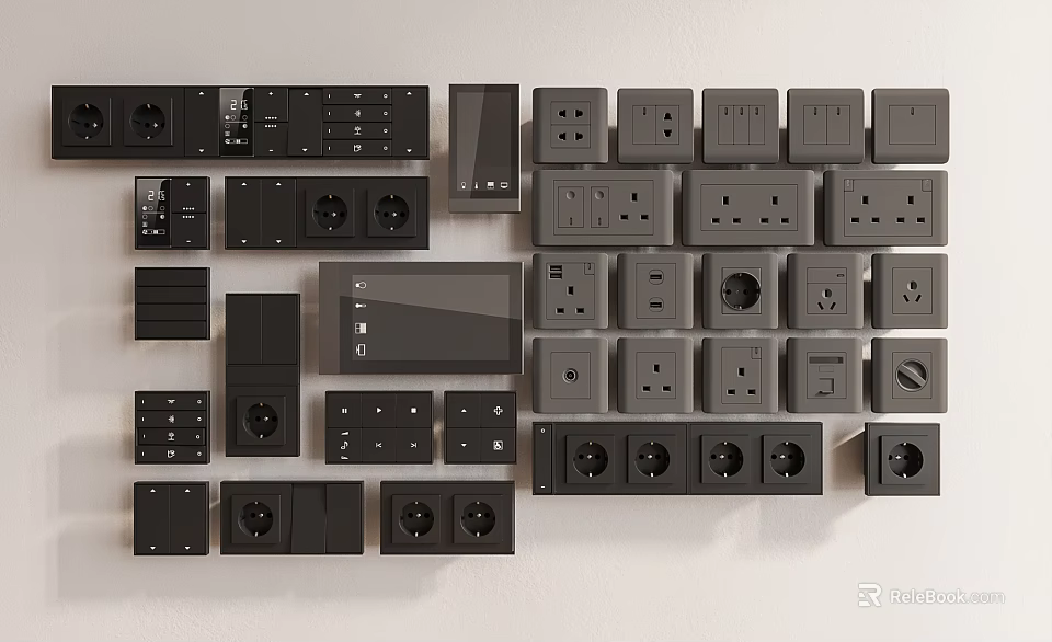 Modern Black and Gray Switch Panels with Various Sockets and Sleek Designs 3d model 