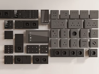 Modern Black and Gray Switch Panels with Various Sockets and Sleek Designs 3d model