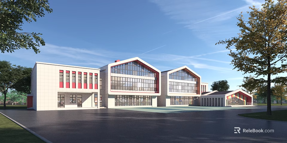 Modern School Building With Large Glass Windows Red Accents And Spacious Square 3d model 