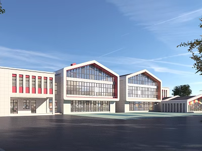 Modern School Building With Large Glass Windows Red Accents And Spacious Square 3d model