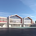 Modern School Building With Large Glass Windows Red Accents And Spacious Square