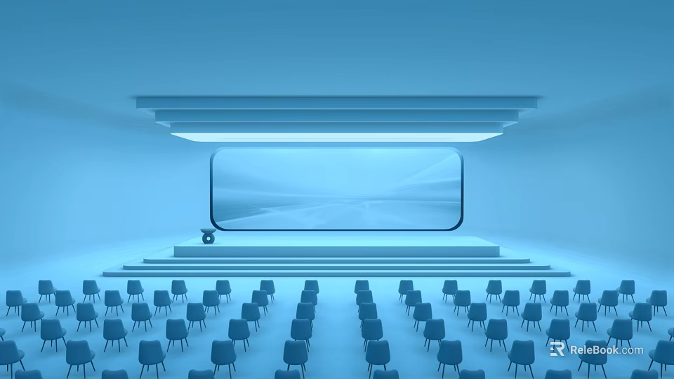 Blue Conference Room Interior With Neatly Arranged Chairs Large Screen And Podium 3d model 