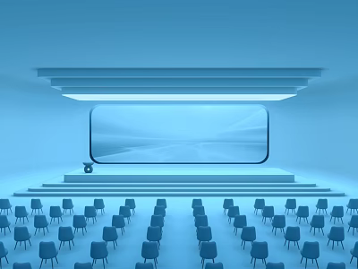 Blue Conference Room Interior With Neatly Arranged Chairs Large Screen And Podium 3d model