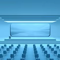 Blue Conference Room Interior With Neatly Arranged Chairs Large Screen And Podium