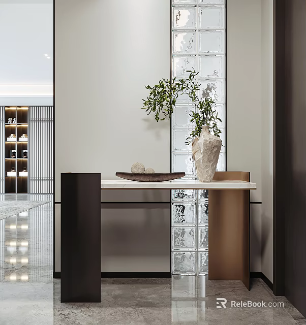 Elegant Modern Foyer Hallway Interior With Marble Console Table Vase And Green Plant 3d model 