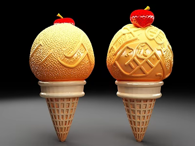 Two Golden Ice Cream Cones With Waffle Texture And Red Cherry Toppings 3d model