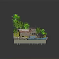Cartoon Scene with Palm Trees Wooden House Red Roof Stilt Platform and Blue Boat