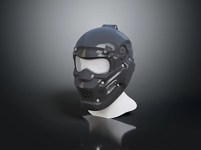 Black Tactical Helmet With Metal Accents And Ventilation Holes On White Mannequin Head 3d model