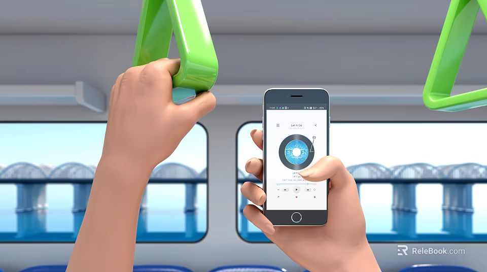 Person Holding Smartphone With Interface While Grabbing Green Handrail in Vehicle With Bridge Water View 3d model 