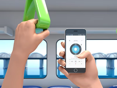Person Holding Smartphone With Interface While Grabbing Green Handrail in Vehicle With Bridge Water View 3d model