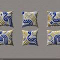 Six Decorative Pillows With Blue Yellow White Geometric Patterns Arranged Neatly