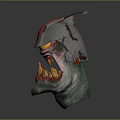 3D Character Biological Head Design With Metal Helmet Sharp Fangs And Colorful Details