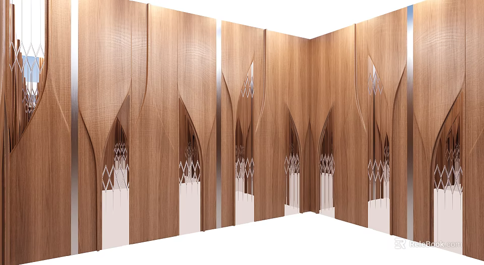 Wooden Background Wall Design Featuring Curved Wavy Textures And Silver Metallic Accents 3d model 