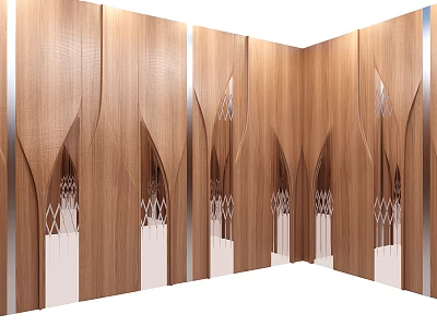 Wooden Background Wall Design Featuring Curved Wavy Textures And Silver Metallic Accents 3d model