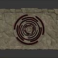 Architectural Stone Wall With Red Spiral Design And Decorative Circular Elements
