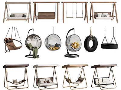 Stylish Hanging Chairs With Various Designs Wooden Frames Round Shapes Tire And Canopy Styles 3d model