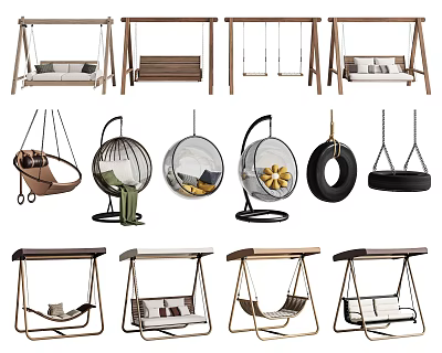 Stylish Hanging Chairs With Various Designs Wooden Frames Round Shapes Tire And Canopy Styles 3d model