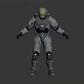 Futuristic Armored Character In Silver Metallic Armor With Golden Helmet Standing Pose
