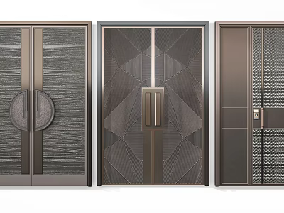Contemporary Double Doors With Bronze Textured Panels Circular Handles And Geometric Designs 3d model
