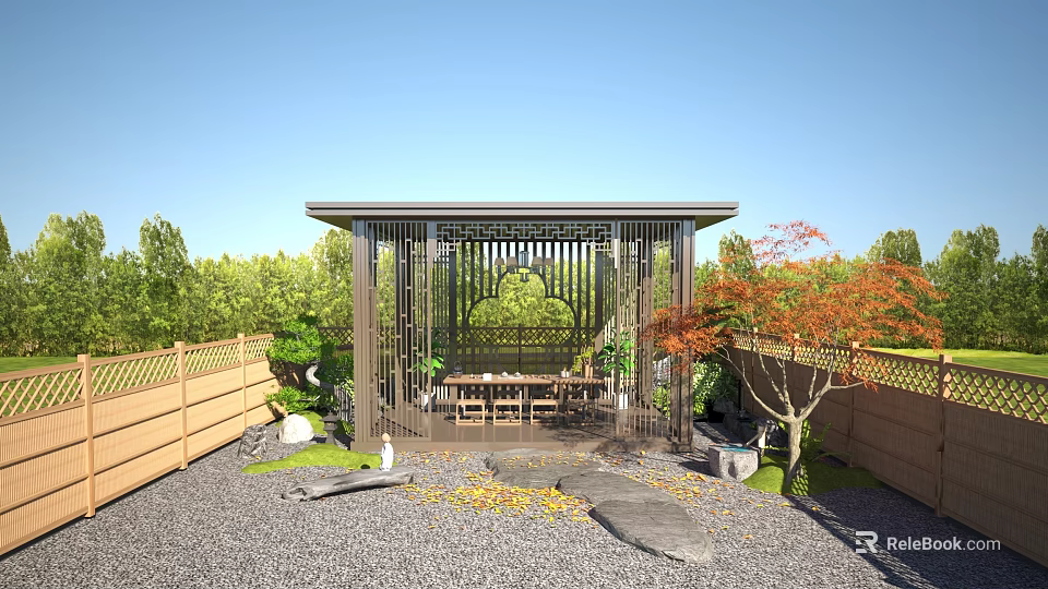 Chinese Style Pavilion In Garden With Wooden Fence Green Plants And Gravel Ground 3d model 