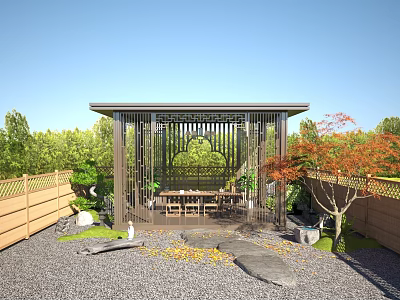 Chinese Style Pavilion In Garden With Wooden Fence Green Plants And Gravel Ground 3d model