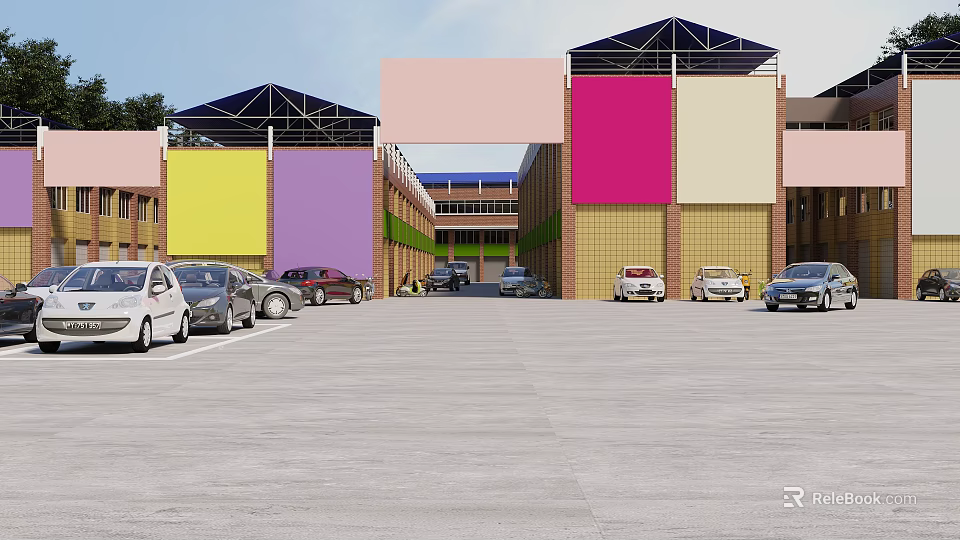 Industrial Factory Building With Colorful Walls Multiple Structures And Parking Lot With Parked Cars 3d model 
