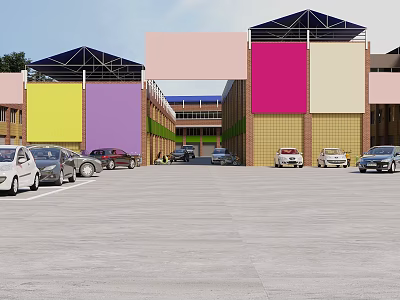 Industrial Factory Building With Colorful Walls Multiple Structures And Parking Lot With Parked Cars 3d model