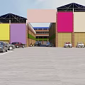 Industrial Factory Building With Colorful Walls Multiple Structures And Parking Lot With Parked Cars